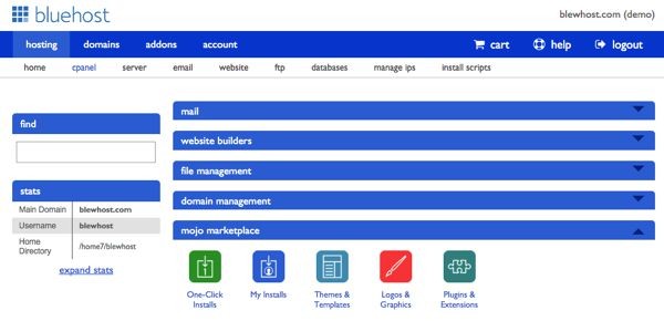 BlueHost dashboard